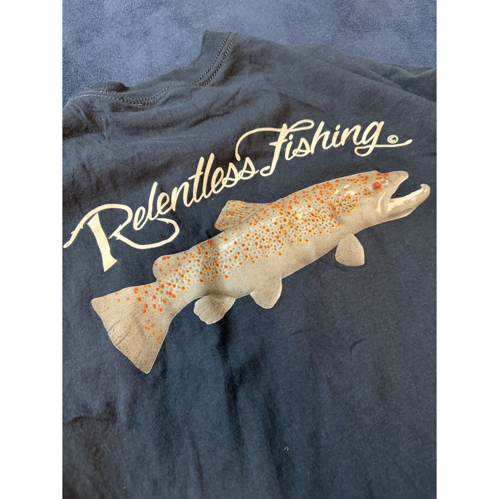 Relentless Fishing Golden Trout Crew Neck Pocket Tee Mens Medium Navy Blue